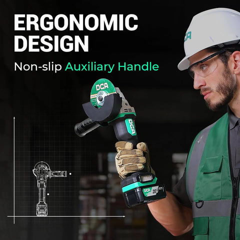 Person using Cordless 4-1/2 Inch Angle Grinder With 20V Brushless Motor Up To 8500RPM Tool-Free Guard in ergonomic design setting
