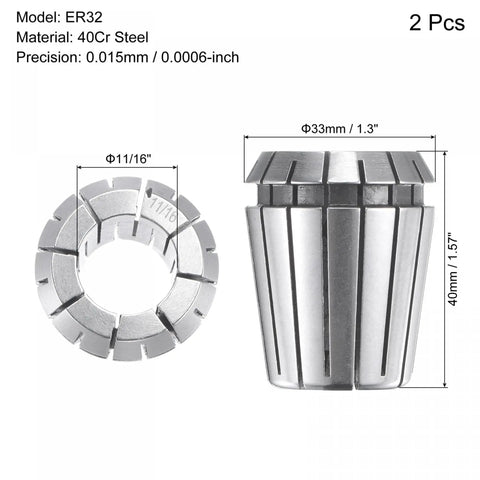 Front view of ER32 Spring Collet 11/16 Inch Chuck, precision 0.015mm, 40Cr steel, set of 2 for CNC engraving, lathe, milling machines.