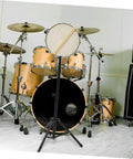 Heavy Duty Alloy Folding Drum Rack With Hinged Height Adjustment Quick Release Clamps Snare Bass Drum Holder in music studio.