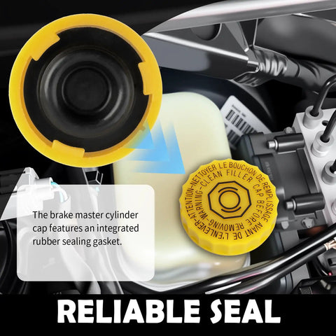 Yellow Brake Fluid Cap Replacement For Chrysler, Dodge And Jeep with leak-proof rubber seal and non-slip edge in engine bay.