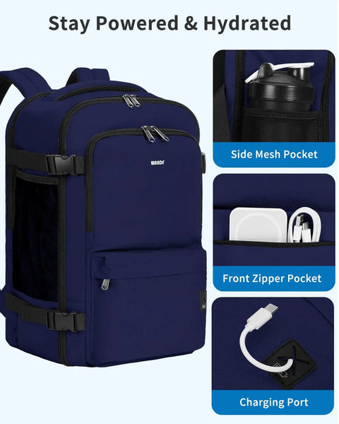 Go To Underseat Personal Item Travel Backpack With 10 Pockets And 180 Degree Opening 15.6 Inch Laptop Carry On Bag Navy Blue