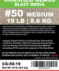 Label of Crushed Glass Sandblasting Media, 30-60 Grit (#50 Mesh), Medium Abrasive For Rust And Paint Removal, 19 Lb (8.6 Kg) Bag.
