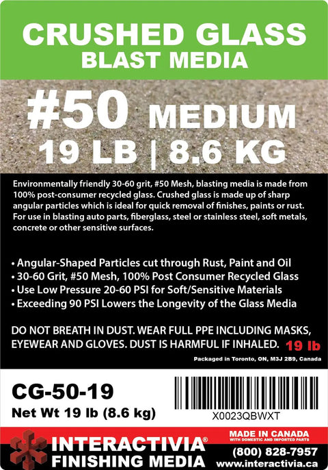 Label of Crushed Glass Sandblasting Media, 30-60 Grit (#50 Mesh), Medium Abrasive For Rust And Paint Removal, 19 Lb (8.6 Kg) Bag.