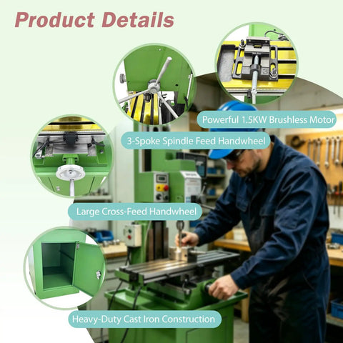 Jaryannix 1.5Kw Benchtop Mill Drill With Brushless Motor And 3-Axis Digital R8 Spindle Taper For Precision Metalworking showing details of features.