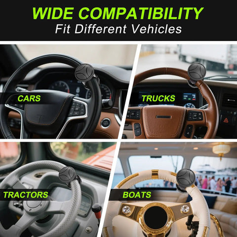 Four images showing a Tool Free Steering Wheel Knob Spinner For 3.45 To 4.9 Inch Steering Wheels With Metal Bearing on cars, trucks, tractors, boats.