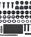 Top Shelf Anti Theft License Plate Screw Kit Featuring Tamper Proof Stainless Steel Fasteners With Security Nuts And Caps To Lock Your Car Tags Down In Sleek Black Finish complete set of screws, nuts, and caps.