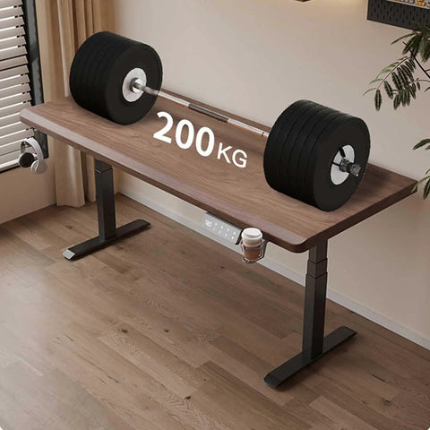 Straight Up Solid Wood Electric Standing Desk With Drawers, adjustable height workbench holding 200 KG weights.