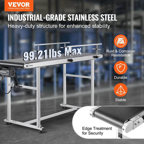 Image of Industrial Grade Stainless Steel Motorized Belt Conveyor, showcasing heavy-duty structure, double guardrail, and PVC anti-static belt.