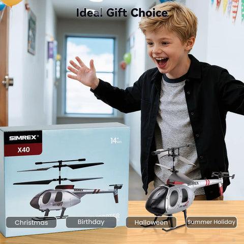 Boy excited with Beginner Friendly RC Helicopter With Auto Hover And Altitude Hold, Two Speed Modes, Rechargeable Batteries.