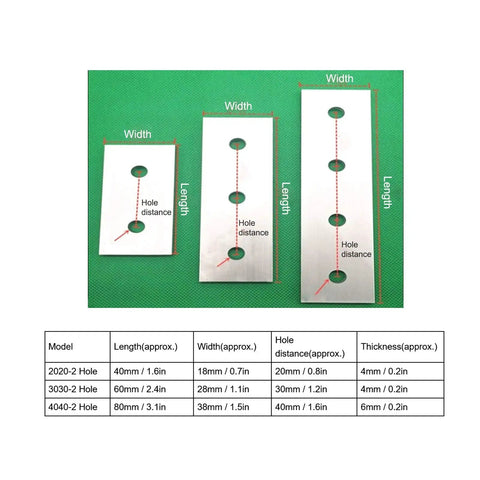 Comparison chart of 10 Pack Flat Mending Plates With 2 Holes Aluminum Brackets for size and hole distance details.