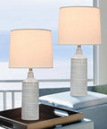 Blue Ceramic Table Lamps Set Of 2 For Nightstand And Living Room, Striped Blue And Gray On Cream Base, 24.25 Inch Tall Modern Bedroom Lighting