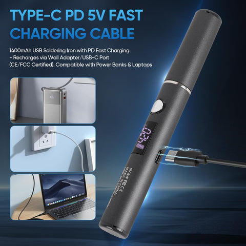 Cordless Soldering Iron Kit With USB C PD Rechargeable Battery showing OLED display and Type-C charging cable
