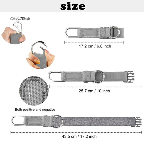 Grab And Go Travel Strap With D Ring Hooks And Buckle For Suitcases And Bags shown with size measurements and features