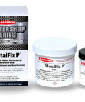 Aluminum-Filled Metal Repair Kit With Epoxy Putty And Structural Adhesive for metal repairs, includes two containers, gray.