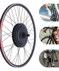 700C Front Wheel Electric Bike Conversion Kit 48V 1000W Hub Motor showcasing a motorized wheel and cyclists in action.