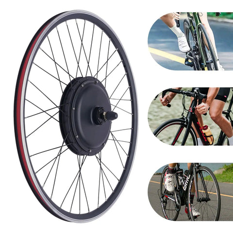700C Front Wheel Electric Bike Conversion Kit 48V 1000W Hub Motor showcasing a motorized wheel and cyclists in action.