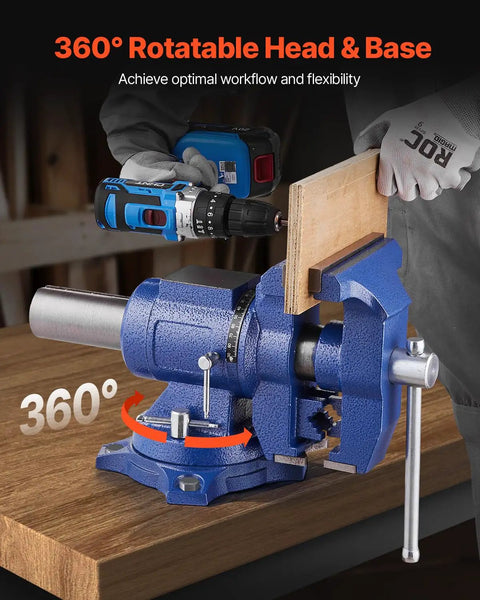 Heavy Duty Bench Vise With 6.5 Inch Jaw Width And 5 Inch Opening, featuring 360 degree swivel base in use