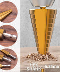 HSS step drill bit set, 3 pcs, hex shank, titanium-coated gold bits for sheet metal hole drilling