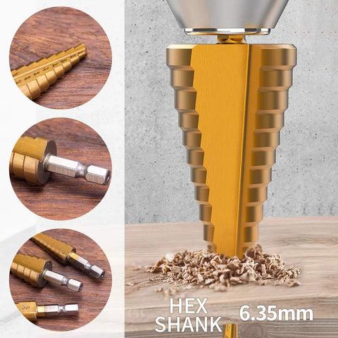 HSS step drill bit set, 3 pcs, hex shank, titanium-coated gold bits for sheet metal hole drilling