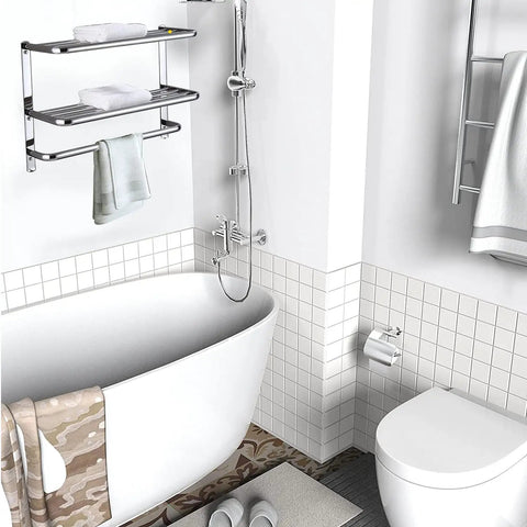 Three Tier Wall Mount Bathroom Shelf With Towel Bars Heavy Duty Stainless Steel Rack Rust Proof Chrome Finish No Fuss Install Wall Mounted Storage Organizer For Bath And Spa above a bathtub in a white tiled bathroom.