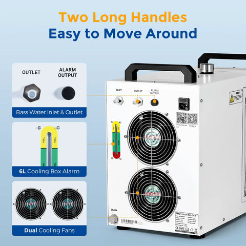 No Drama 6L Heavy Duty Water Chiller For CO2 Laser Cutters And Engraving Machines showing dual cooling fans and handles.