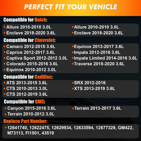 Compatibility chart for Chevy High Pressure Fuel Pump 3.0L 3.6L Fitment For Camaro Equinox Impala Traverse, featuring Buick, Cadillac models.