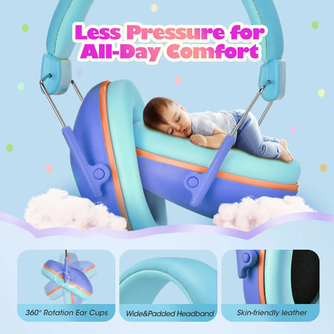 Kids Noise Cancelling Headphones With Up To 29dB Noise Reduction, Soft Headband, showing a baby lying on ear muffs for comfort