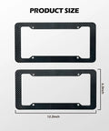 2 Pack Carbon Fiber Look License Plate Frames With Fasteners, Screws, And Washers Included, showing dimensions 12.2 x 6.3 inches.
