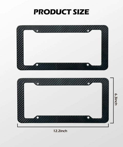 2 Pack Carbon Fiber Look License Plate Frames With Fasteners, Screws, And Washers Included, showing dimensions 12.2 x 6.3 inches.