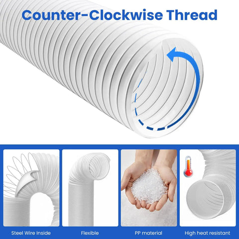 Portable AC Exhaust Vent Hose 80 Inch Long 5.9 Inch Diameter Universal Replacement With Anti Clockwise Thread For Most Portable Air Conditioners No Coupler Needed, showing white flexible hose with counterclockwise thread detail and material composition.