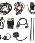 Components of the GY6 Full Electric Wiring Harness Kit Plug And Play With CDI Coil And Solenoid for 125cc-250cc ATVs and scooters