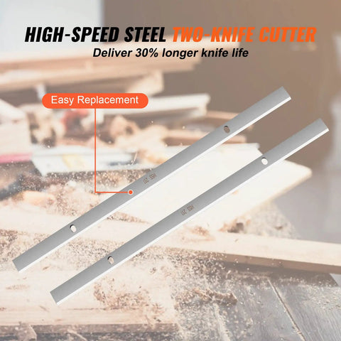 High-speed steel two-knife cutter for Heavy Duty Benchtop Wood Planer With A 13 Inch Worktable And 15 Amp Motor, designed for easy replacement.