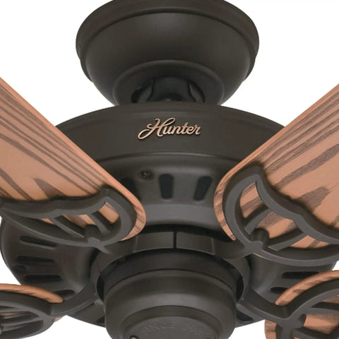 Close-up of Bridgeport 52 Inch New Bronze Indoor Outdoor Ceiling Fan with Oak Blades and Whisper Wind Motor