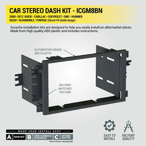 Double Din Radio Installation Dash Kit For Select 2000-2012 General Motors Vehicles No Wire Cutting Plug And Play Factory Fit Car Stereo Install Kit Complete Basic Package With Clear Fit Guide, black automotive grade ABS plastic frame, side view