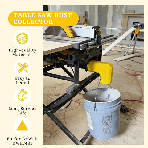 Table Saw Dust Collector Adapter Tool Free Install No Fuss Fits Most Saws yellow adapter with dust bag hanging below.