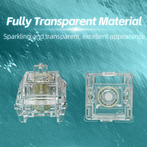 Magnetic Jade Max Linear Keyboard Switches with fully transparent housing and gold plated spring, showing permanent magnet technology