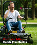 Man using Bluetooth Hearing Protection Earmuffs With 4X Sound Amplification Gel Cushioned Ears on a riding mower in a yard.