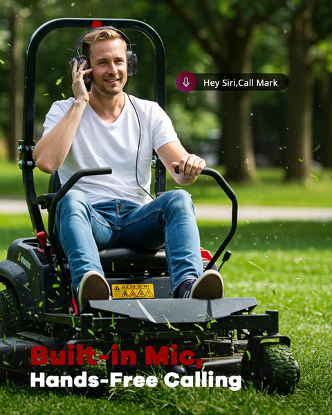 Man using Bluetooth Hearing Protection Earmuffs With 4X Sound Amplification Gel Cushioned Ears on a riding mower in a yard.