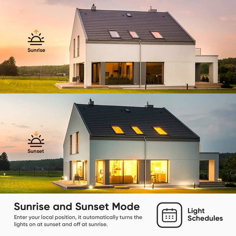 House at sunrise and sunset showcasing 4 Pack Smart Dimmer Switch For Alexa And Google Home No Brainer Setup with light schedules.