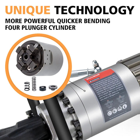 Centalla 5/8 Inch Electric Hydraulic Rebar Bender 1100W Pure Copper Motor showing four plunger cylinder design for efficient bending.