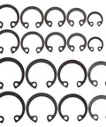 Various sizes of circlips from 100 Piece Steel Snap Ring Set For Shafts And External Circlips, Beefy Elastic Retaining Clips, Shaft Circlip Assortment