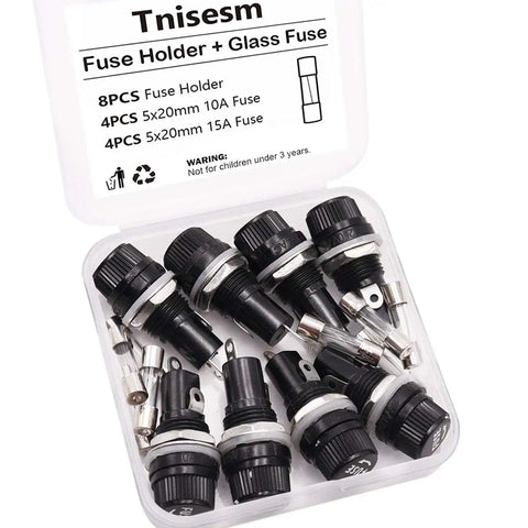 Panel Mount Fuse Holder Socket 5x20mm With Screw Cap, Quick Blow Glass Tube Fuses Included, 8 Pack in plastic case