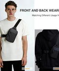 Front and back view of Mini Crossbody Sling Bag For Men And Women, Waterproof Small Grab-And-Go Shoulder Chest Bag in black.