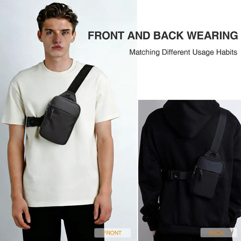 Front and back view of Mini Crossbody Sling Bag For Men And Women, Waterproof Small Grab-And-Go Shoulder Chest Bag in black.