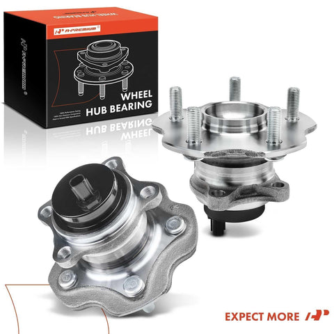 Two Pack Rear Wheel Bearing And Hub Assembly With ABS For FWD Toyota Lexus And Scion Models 2006 Through 2021 Including RAV4 HS250h NX200t NX300 NX300h iM And tC Not For AWD 5 Lug Bolt Pattern Plug N Play Direct Fit Replacement, product image showing assembly and packaging.