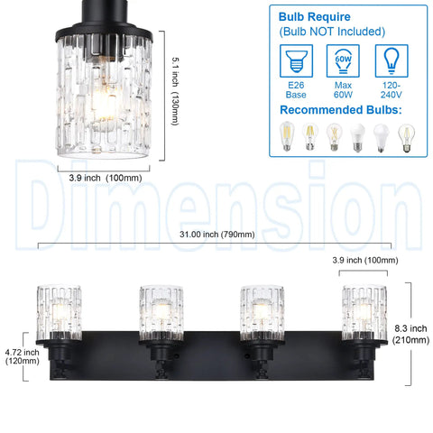 Dimensions of 4 Light Matte Black Bathroom Vanity Lights Over Mirror With Clear Glass Grid Shades, Dope Modern Farmhouse Wall Sconce