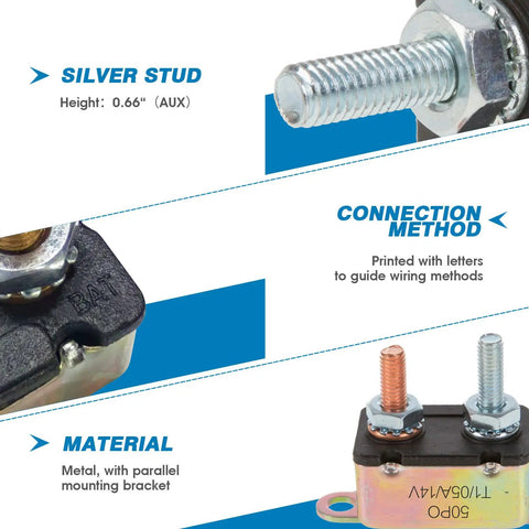 Silver and copper stud details of Stud Type Circuit Breaker With Auto Reset For Cars, Trucks, RVs, Marine Boats, And Trolling Motors, 40A.