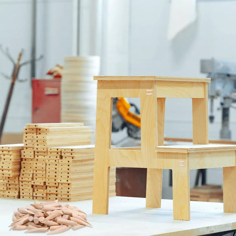 100 Piece Solid Wood Pocket Hole Plugs For Three Eighths Inch Pine Wood next to assembled pine furniture in workshop