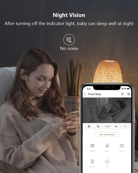 4MP QHD Indoor Pan Tilt Security Cam With Plug In WiFi Night Vision Baby Monitor 2 Way Audio Motion Tracking And Sound Alerts 2560x1440 2 4GHz Home Surveillance camera interface displayed on smartphone with night vision image