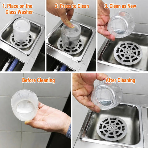 Slick Automatic Glass Rinser Head Powered By Standard Faucet Pressure For Quick Hands Free Cup Cleaning Heavy Duty Sink Attachment in use.